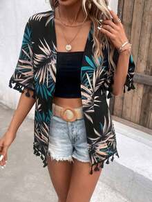 Kimono de flecos con estampado tropical de verano para la playa - Multicolor - Ver 7