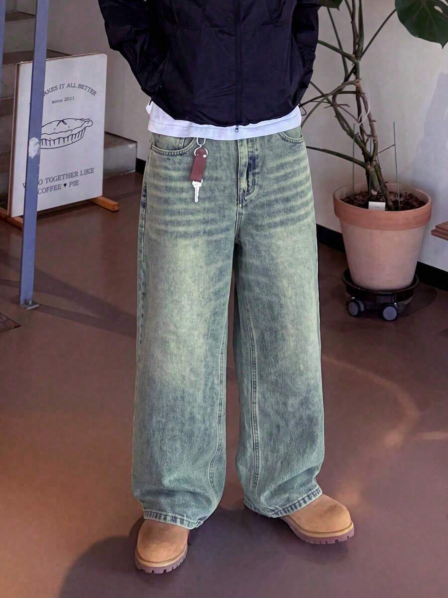 Y2K复古风男士黑色水洗宽松直筒牛仔裤,送给老公或男友的完美礼物 - 橄欖綠 - 查看 1