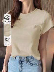 Camiseta de manga corta de mujer de cuello redondo de unicolor básica blanca, para primavera/verano, estilo casual empresarial - Albaricoque - Ver 8