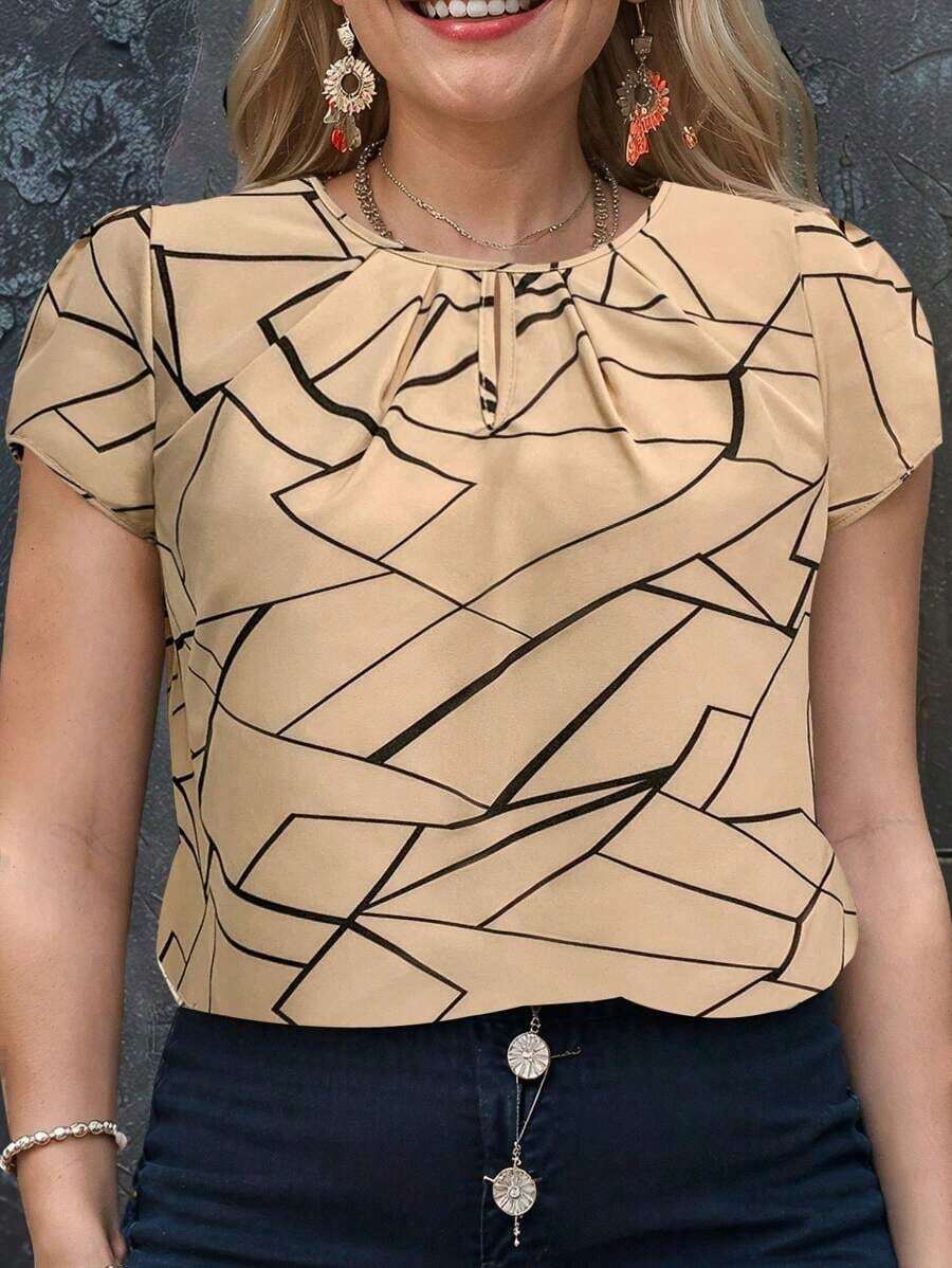 Camisa casual de mujer con cuello redondo y mangas cortas, estampado floral, estilo vacacional - Caqui 2 - Ver 1