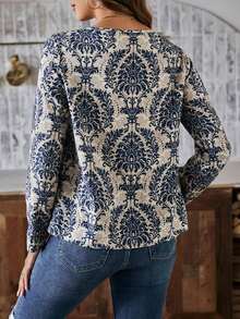 Camisa casual de mujer con estampado total y cuello calado - Azul marino - Ver 3