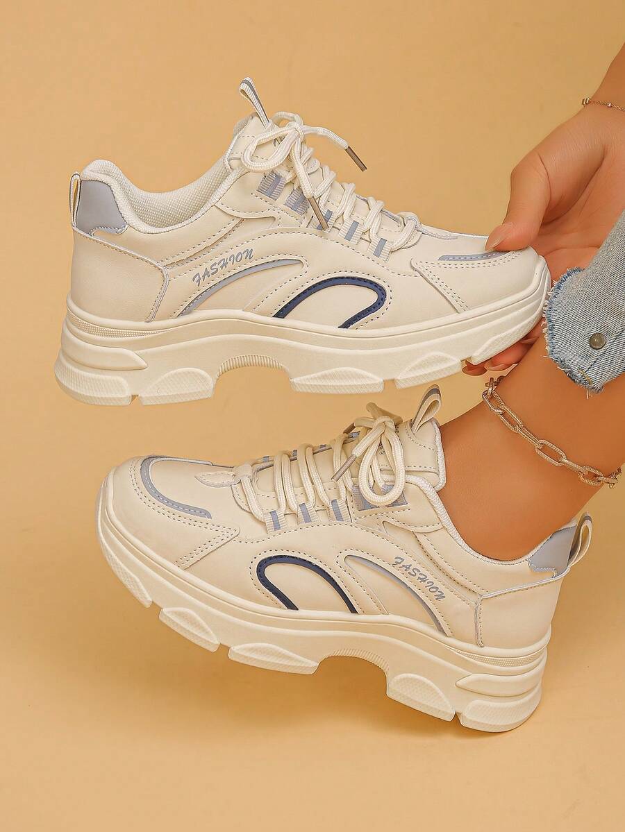 Women's Platform Sneakers With Geometric Pattern, Preppy College Style Casual Sporty Geometric Design, Suitable For Spring And Autumn - Beige - View 1