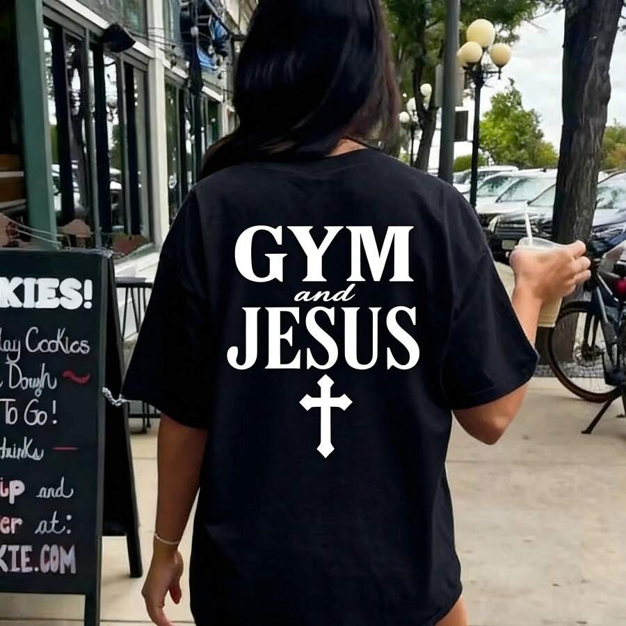 Christian Gym T-Shirt, Gym And Jesus T-Shirt, Workout T-Shirt, Faith Fitness Sweatshirt, Faith Sweater For Bodybuilding, Faith Women's Weightlifting Gift, Fashionable Summer Vibes T-Shirts, Tops And T-Shirts. - 黑色 - 查看 1