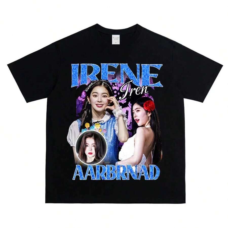 Men's American-Style Thick Cotton Short-Sleeved T-Shirt With Pei Zhuhyun Print, Modern, Retro, Loose Fit, Ideal For Couples. - 黑色 - 查看 1
