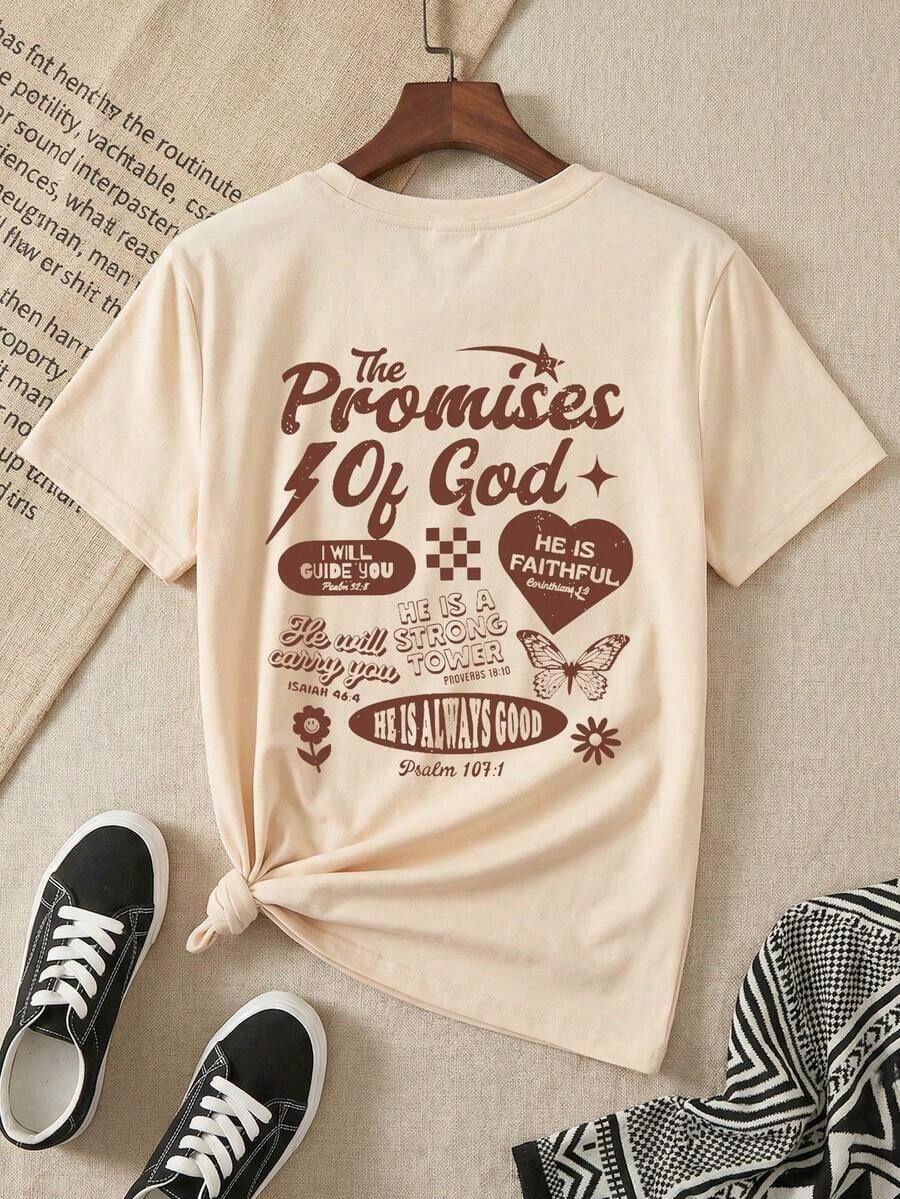 Camiseta de manga corta con cuello redondo y estampado para mujer. Perfecto para citas, desplazamientos diarios y salidas informales. Diseño clásico minimalista de cuello redondo, fácil de combinar y adecuado para todas las formas de cuerpo. - Beis - Ver 1