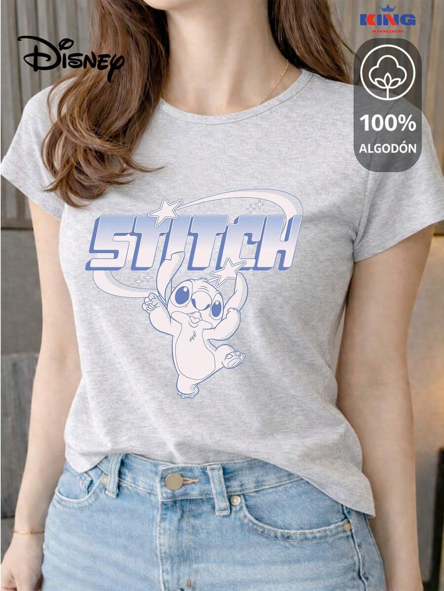 This 100% Cotton T-Shirt Is Of Excellent Quality, Guaranteeing Exceptional Softness To The Touch. It Features A Round Neck With A "Disney Stitch Retro Star Journey" Print And Short Sleeves. - 淺灰色 - 查看 1