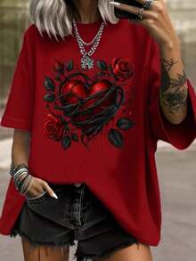 Women's Casual Clothing, Women's T-Shirt, Casual Short Sleeve Round Neck Top, Medium Elasticity Fabric, Washable, Comfortable Fit For All Seasons, Women's T-Shirt, Unique Design T-Shirt, Comfortable Fit, Minimalist Style, Sweatshirt, Modern And Cool T-Shirt. - 紅色 - 查看 1