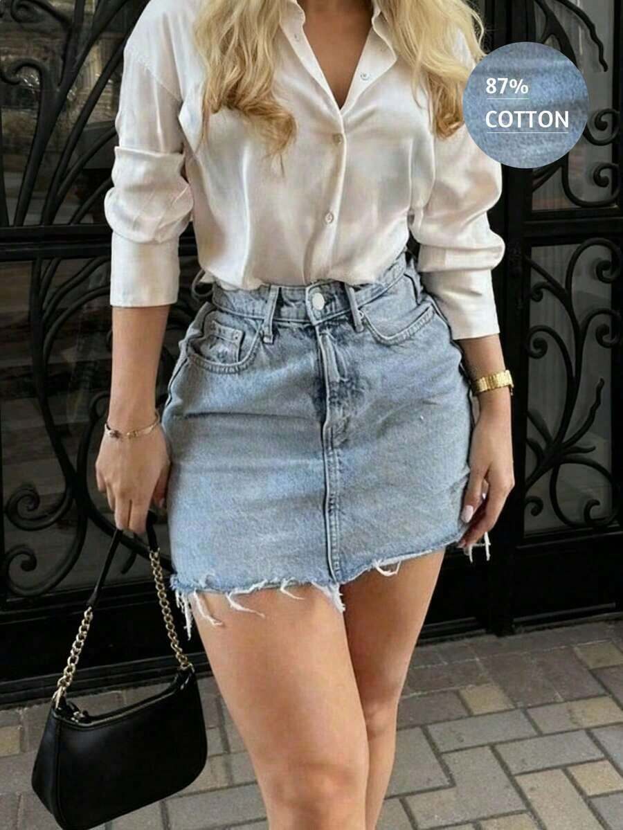Vintage Y2K Style Frayed Hem Denim Mini Skirt, High-Waisted Fitted Sweetheart Neckline Summer Design, Women's Summer Dress, Women's Summer Clothing, Denim Skirt, Casual Wear - 白色 - 查看 1