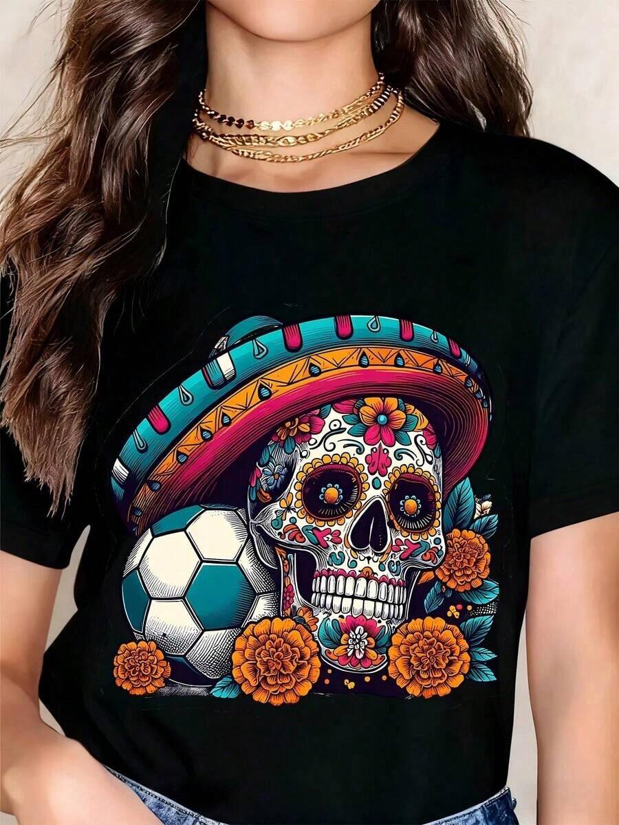 Mexican Skull Football Cap - Multicolor With Floral And Marigold Print, Day Of The Dead Theme - Perfect For Football Fans, Festivals, And Cultural Celebrations. Short-Sleeved T-Shirt. - 黑色 - 查看 1