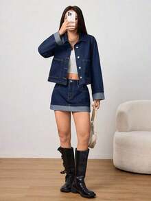 PETITE Conjunto de chaqueta vaquera y minifalda de mezclilla lavada, elegante y casual para uso diario de mujer en invierno y verano - Azul lavado oscuro - Ver 6