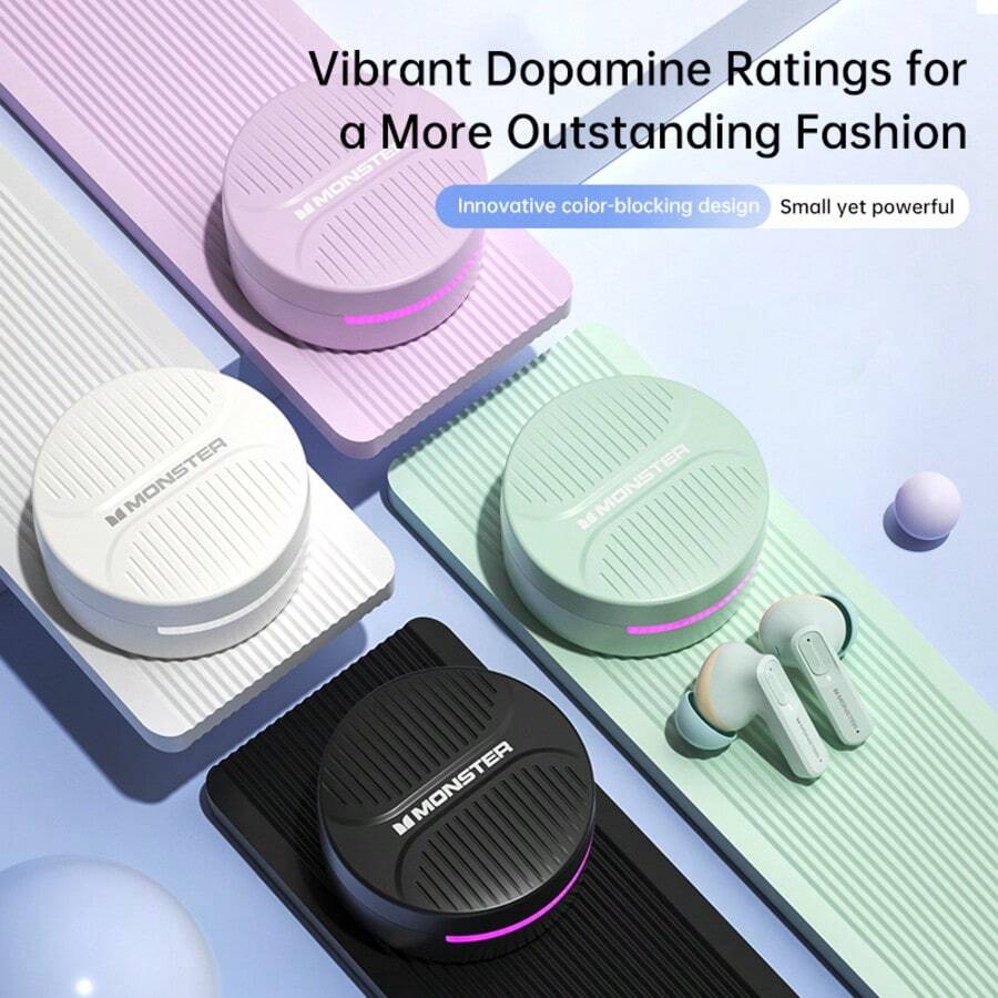 Monster T112 Wireless Earbuds, AI Translation Bluetooth Headphones, 9D Surround Sound Noise Cancelling Earphones, Dopamine Color In-Ear Headset For Work Life Entertainment - View 1
