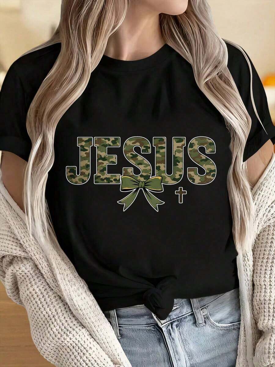 Camisetas para Mujer y Hombre con Cuello Redondo y Mangas Cortas, Camiseta con Estampado de Camuflaje de Jesús y Diseño de Lazo y Cruz, Top Casual para Mujer. Estampados Divertidos Ideales para Fiestas de Navidad, Actividades Deportivas, Fiestas de Vacaciones, Salidas, Deportes y Otros Regalos Festivos. - Negro - Ver 1
