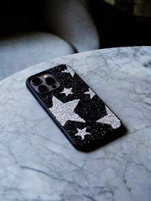 1 pièce Étui de protection pour téléphone avec trou pour objectif, entièrement clouté d'étoiles scintillantes, de style minimaliste et à la mode, compatible avec les séries 17, 16, 15 Pro Max, 14, 13, 12, 11 - Argent - Voir 6