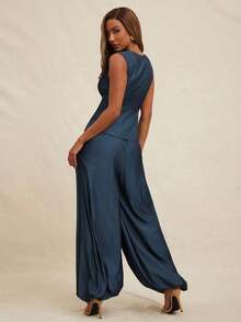 Women's Set (Top And Pants) Vest-Style Top With V-Neck And Button Closure, High-Waisted Fitted Pants With Pleats, Suitable For Office, Business, Casual, Brunch, Church, Autumn And Winter, Suitable For Office Attire - 白色 - 查看 3