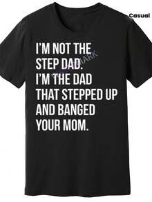 Plus Size, Funny Paternoscope Humor T-Shirt For Women - "I'm Not A Paternoscope..." Slogan: "I'm A Stepdad, Close To Your Mom", Retro Pattern T-Shirt With Black Background And White Font, Round Neck, Casual Style, Suitable For Fathers And Stepfathers. - 黑色 - 查看 1