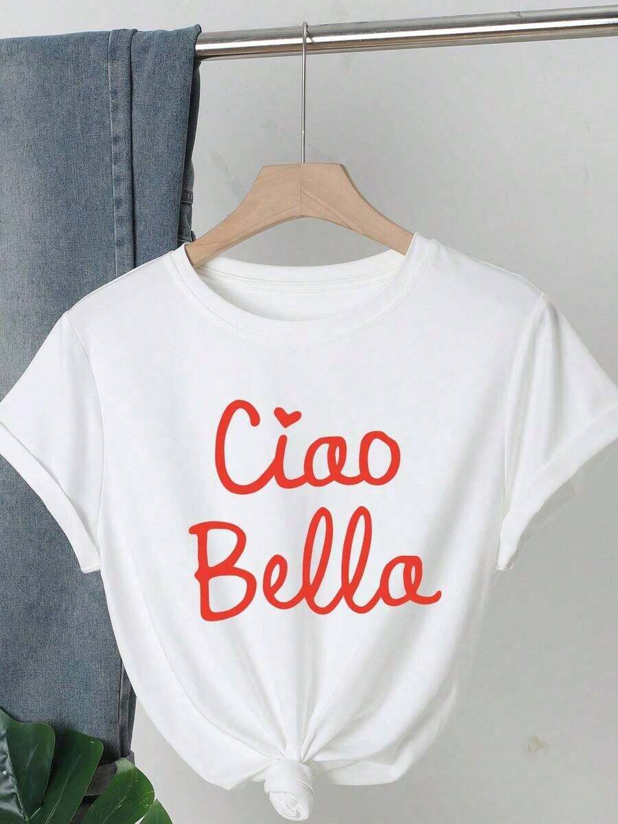 Women's Casual T-Shirt, One Piece, Round Neck, With "Ciao Bella" Print, Short Sleeve, Polyester Fabric, Suitable For All Seasons, 100% Cotton, Durable - 白色 - 查看 1