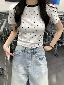 Summer Korean Style Polka Dot Youthful Round Neck Contrast Color Regular Shoulder Slimming Versatile Short Sleeve T-Shirt Top White Casual - White - View 7
