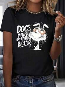 Cartoon Dog T-Shirt "Breathing Dogs Make Everything Better" For Women And Men, Casual Graphic Tee With Funny Dog Design And Inspirational Quote, Party And Holiday Wear 200mg, Women's Cotton T-Shirts, Premium Women's - 黑色 - 查看 1