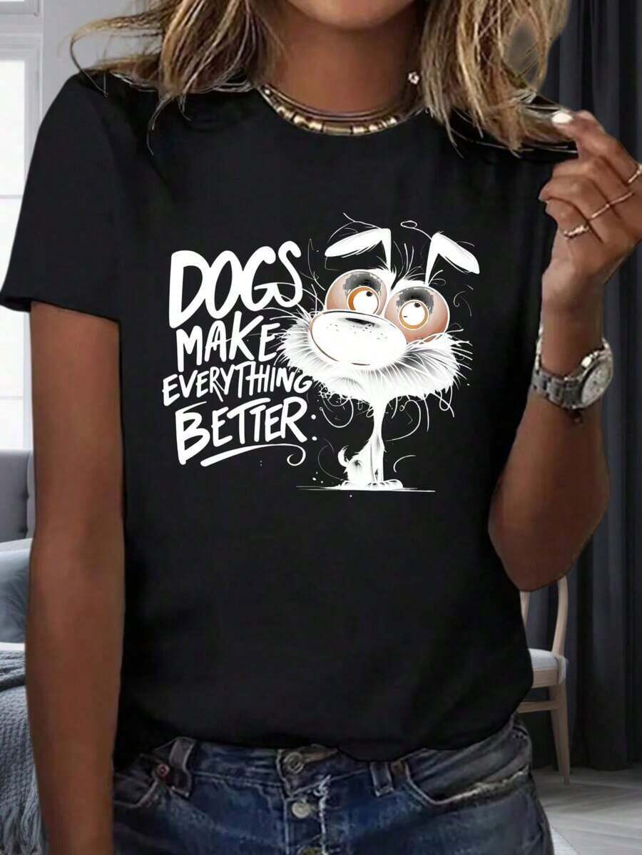 Cartoon Dog T-Shirt "Breathing Dogs Make Everything Better" For Women And Men, Casual Graphic Tee With Funny Dog Design And Inspirational Quote, Party And Holiday Wear 200mg, Women's Cotton T-Shirts, Premium Women's - 黑色 - 查看 1