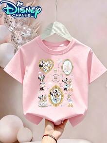 Disney Minnie Mouse And Friends Print Girls' T-Shirt - A Design For Teenage Girls, Short-Sleeved, Casual And Cute Style, Comfortable And Casual, Suitable For All Seasons, Perfect For Parties And Play, Machine Washable, Teenage Clothing, Short-Sleeved Shirt For Teenagers. - Hồng - Xem 2
