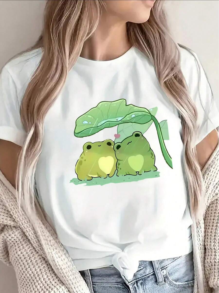 Short-Sleeved T-Shirt Made Of High-Density Polyester, Featuring A Cute Frog Couple Print. Lightweight And Durable, Suitable For Casual Wear At Home, In The Park, Or At A Cafe. Comfortable And A Good Fit For Everyday Wear. A Hit! - 白色 - 查看 1
