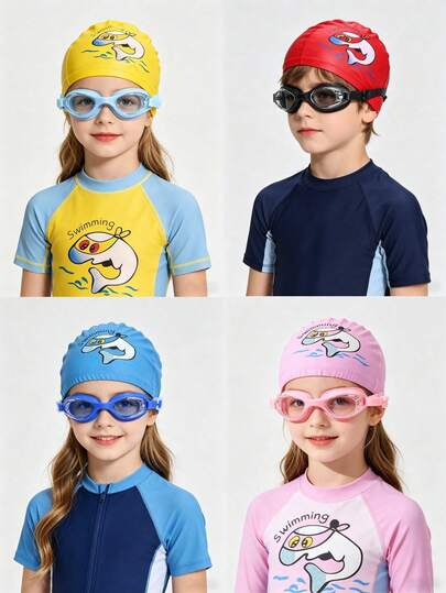 2pcs/Set New Kids Swimming Cap And Goggles Set - Cartoon Fashionable Waterproof Ear Protection PU Swimming Cap, Suitable For Boys, Girls, Toddlers, Great For Swimming Pool, Beach, Swimming Training And Holiday Gifts