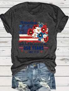 Regalo de Dios para ti, 250º Aniversario de la Independencia de EE. UU. 1776, Camiseta de Mujer con Cuello Redondo, Diseño Floral de la Bandera Americana, para Celebración del Día de la Independencia, Cómoda y Suave - Blanco - Ver 5