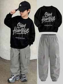 Tween Boy Casual Slogan Graphic Crew Neck Sweatshirt And Jogger Cargo Pants - Light Grey - View 1