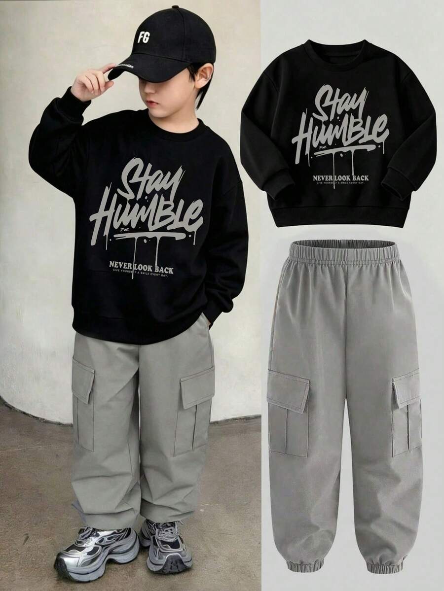 Tween Boy Casual Slogan Graphic Crew Neck Sweatshirt And Jogger Cargo Pants - Light Grey - View 1