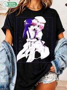 Unisex Cotton T-Shirt Higurashi Anime Tee Rena Ryuuguu & Furude Rika - Black - View 6