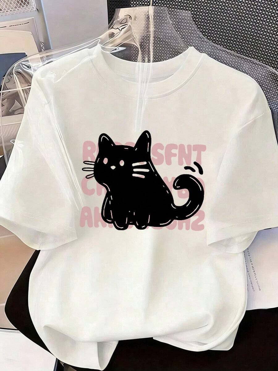 Funny Black Cat T-Shirt With Pink Text Background, Short-Sleeve T-Shirt For Spring/Summer 2026, Made In Mexico, 180 Grams. Cartoon Print, Couple Design, Suitable For Indoor Or Outdoor Wear. Crew Neck, Unisex, Ideal For Office And Leisure. One-Pack. - WH-P631577SLNDXZGY640 - 查看 1