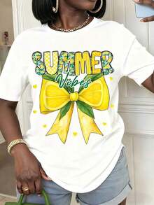 1pcs Women's Tops Summer T-Shirt With Summer Vibes Lemon Bow Print Casual Round Neck Short Sleeve Tee For Summer Days Perfect Gift For Herplayeras De Mujer - 白色 - 查看 7