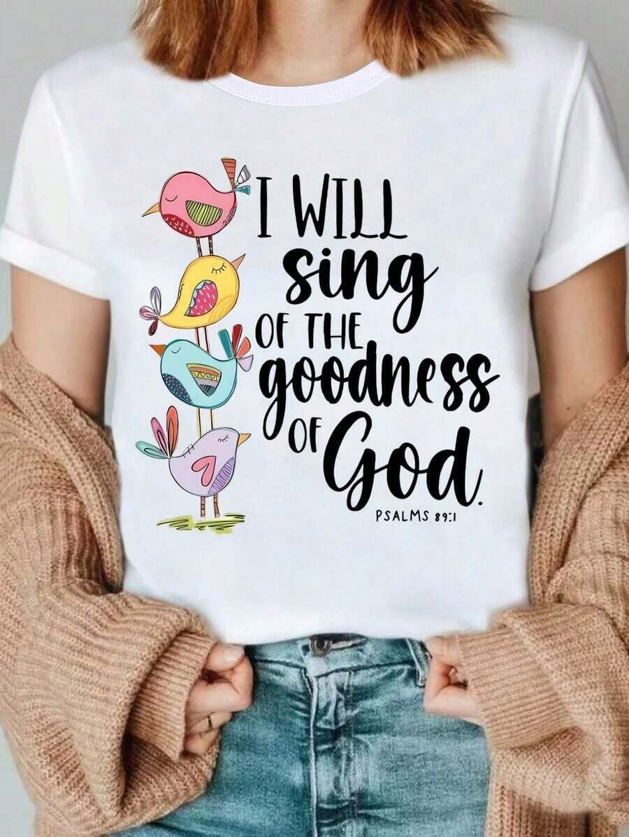 T-Shirt With Fun Colorful Songbird Print, T-Shirt With God's Virtue And Bible Verse Print, Religious T-Shirt, Christian T-Shirt, Jesus T-Shirt, Christian Gift, Local Community Store, In Stock, Fast Delivery, Soft And Comfortable, Enjoy Something Special - 白色 - 查看 1