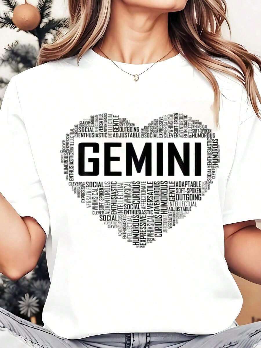Soft, Breathable, And Lightweight For All-Day Comfort. Women's Crew Neck T-Shirt With An Artistic Gemini Zodiac Sign Print, Ideal For Casual Wear During Christmas And Holidays, 220g. Classic Crew Neck With A Relaxed Fit That Flatters All Body Shapes And Is Easy To Pair With Jeans, Shorts, And Leggings. - 白色 - 查看 1