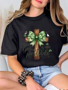 Women's St. Patrick's Day Sweatshirt "With God All Things Are Possible", St. Patrick's Day Gift For Women, Christian Cross Sweatshirt For St. Patrick's Day, 100% Pure Cotton St. Patrick's Day T-Shirt, Women's T-Shirt - 黑色 - 查看 1