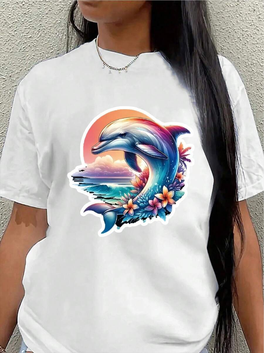 Women's Short-Sleeved Polyester T-Shirt With A Dolphin And Ocean Design. Lightweight And Durable, Suitable For Casual Wear, Ideal For The Beach, Home, Or Outdoor Activities. Features Bright Prints And Is Comfortable To Wear. - 白色 - 查看 1