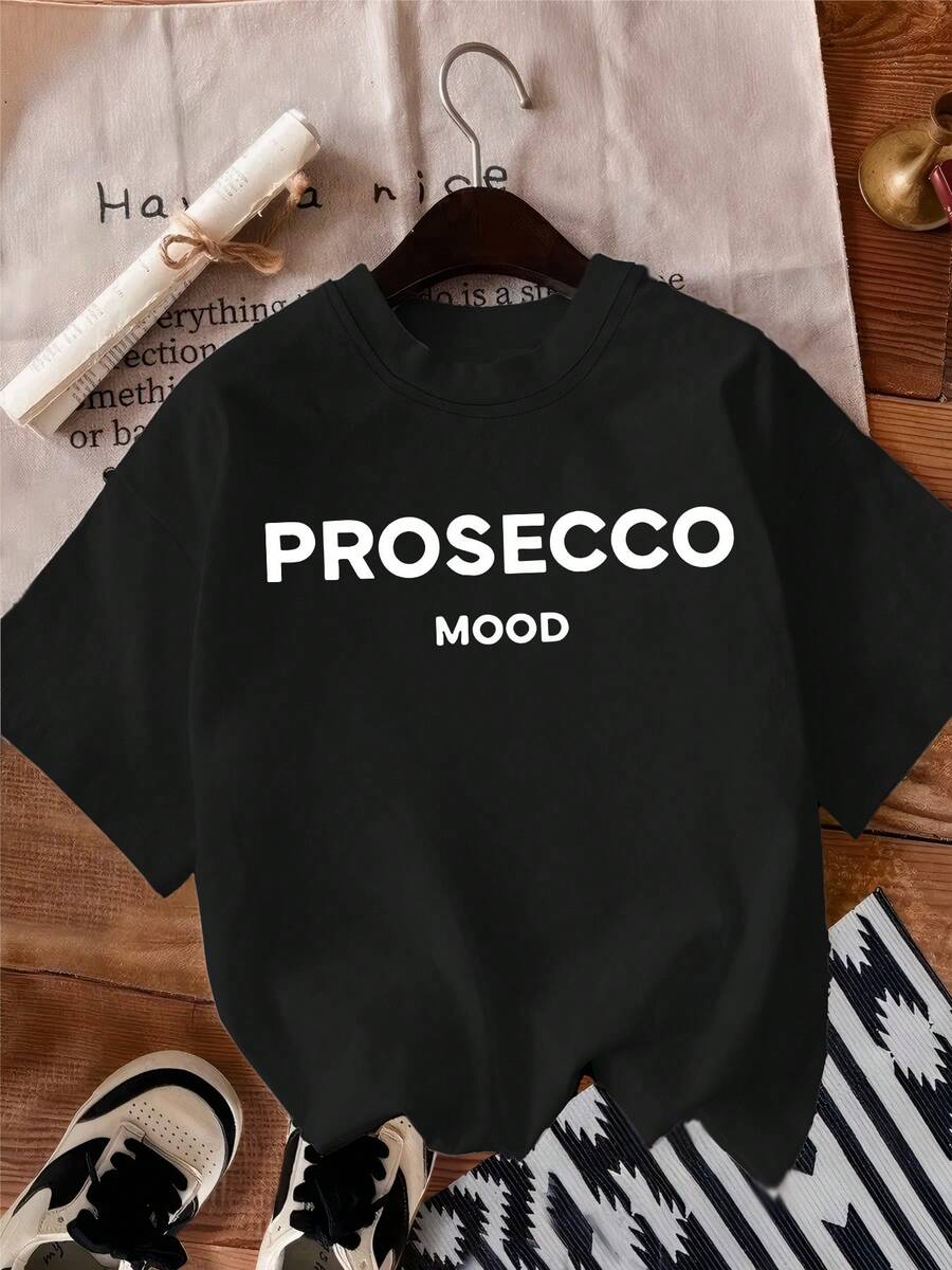 Camiseta Deportiva Casual para Mujer de Manga Corta Negra con Texto PROSECCO MOOD - Camiseta Elástica de Cuello Redondo, Lavable aáquina, Ajuste Cómodo y Versátil para Todas las Estaciones. - Negro - Ver 1