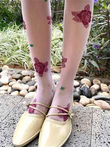 1 par de medias con estampado floral francés para mujer, duraderas y sin deformación, aptas para uso diario - Blanco - Ver 5