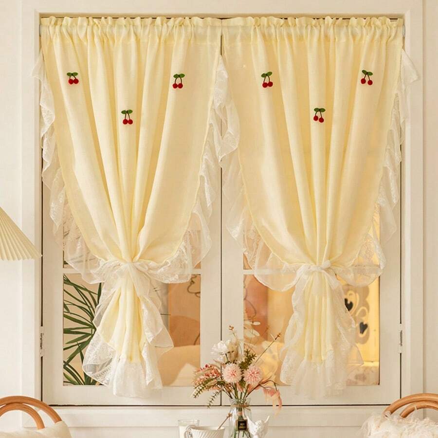 2pcs Modern Minimalist Yellow Lace Ruffle Sheer Curtains, Translucent Privacy Curtains For Small Windows In Bedroom, Living Room, Study