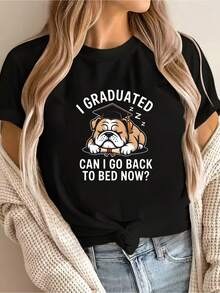 Camiseta Deportiva Casual para Mujer con Diseño Temático de Graduación - Camiseta Elástica de Cuello Redondo, Lavable aáquina, Confortable Ajuste para Todas las Estaciones, para Combinar con Jeans Celestes y Cárdigan Crema. - Negro - Ver 6