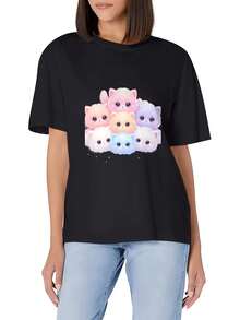 Women's T-Shirt With Kawaii Cat Print In Pastel Tones, Cat Lover Inspired Design, Casual Round Neck Short Sleeve T-Shirt, Black, For Women - 黑色 - 查看 8