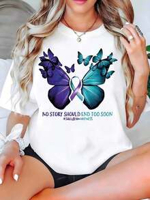 Women's T-Shirt With Butterfly Design For Suicide Awareness, Short Sleeves, Round Neck, Casual Summer Top, And A Great Gift For Friends And Family. Made Of Cotton, Machine Washable, This Casual Top Is Suitable For Everyday Wear. - 白色 - 查看 5
