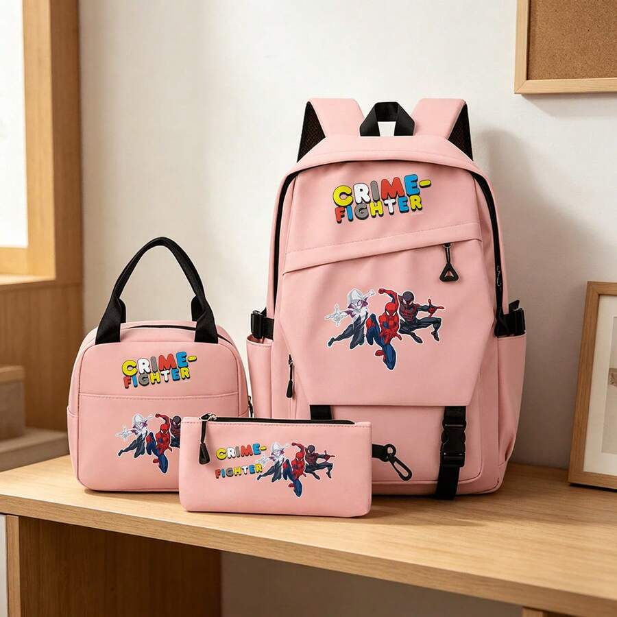 Miniso 漫威蜘蛛侠三件套粉色背包套装,含笔记本电脑包、保温袋和铅笔盒,适合办公、学习和旅行。 - 粉色 - 查看 1