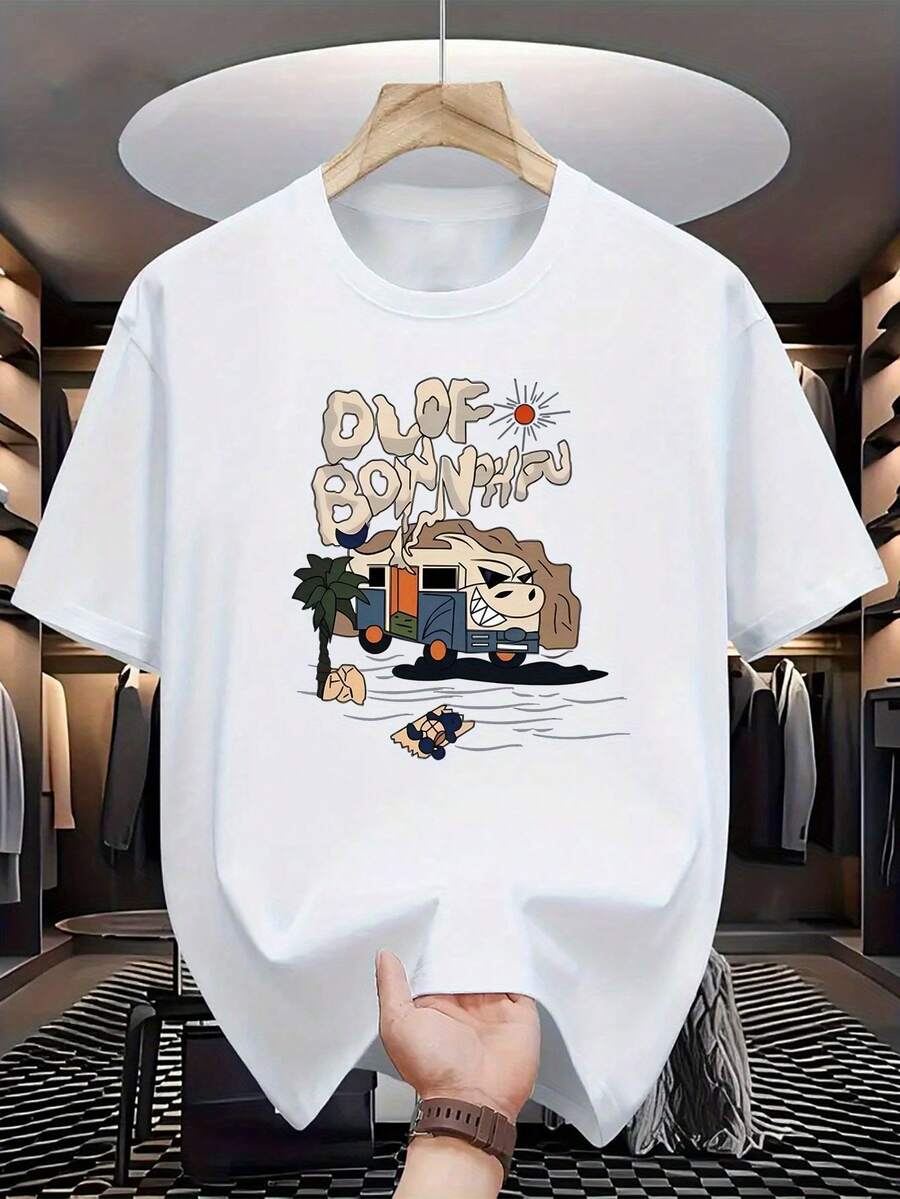 Camiseta casual de cuello redondo para hombre, estampada con el diseño Oluofu Bangfu, tejido de punto 100% poliéster, ligeramente elástica, top de manga corta para verano, corte regular a la moda, 180 g/m² - Rosa - Blanco - Ver 1