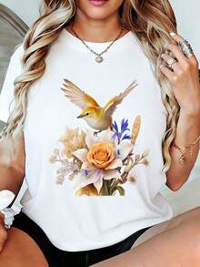 Women's T-Shirt With Bird Print - Casual Short Sleeve Summer T-Shirt, With Yellow-Orange And Pink-Iris Bird Designs, Soft And Breathable, A Perfect Gift For Mom, Grandma, Sisters And Friends. - 白色 - 查看 1