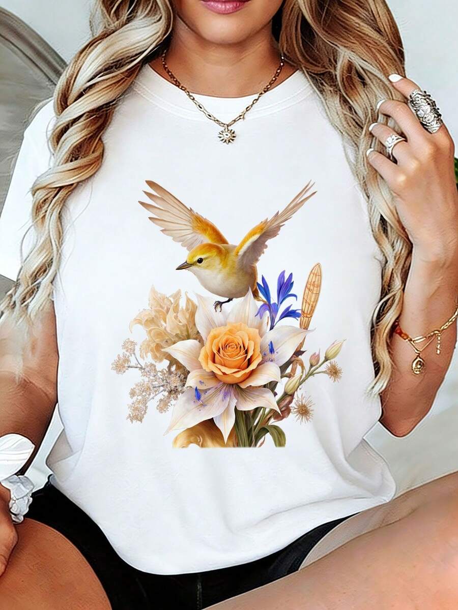 Women's T-Shirt With Bird Print - Casual Short Sleeve Summer T-Shirt, With Yellow-Orange And Pink-Iris Bird Designs, Soft And Breathable, A Perfect Gift For Mom, Grandma, Sisters And Friends. - 白色 - 查看 1