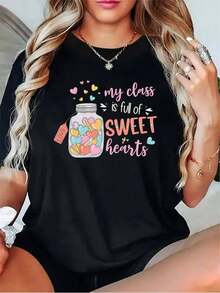 Camiseta de cuello redondo talla grande - Camiseta para maestras - Camiseta suave para uso diario con diseño de corazón en un tarro - Ropa educativa lavable a máquina - Regalo para el Día del Maestro, atuendo para fiesta de fin de año - Camiseta negra/gris/blanca - Top casual de cuello redondo para maestras, empleadas - Prenda esencial para todo el año, ropa educativa, diseño vibrante, construcción duradera, camiseta estampada, Blusas Para Mujer Casual. - Negro - Ver 1