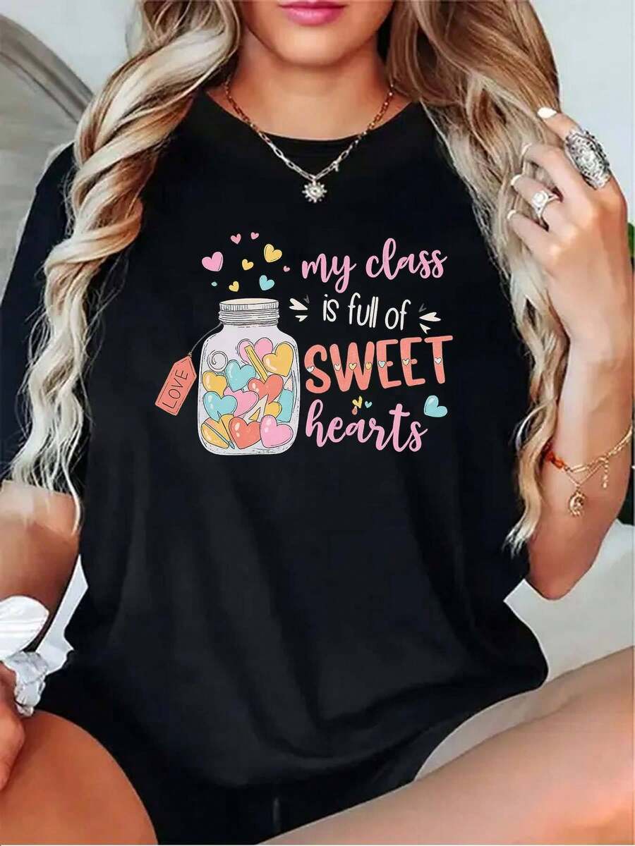 Camiseta de cuello redondo talla grande - Camiseta para maestras - Camiseta suave para uso diario con diseño de corazón en un tarro - Ropa educativa lavable a máquina - Regalo para el Día del Maestro, atuendo para fiesta de fin de año - Camiseta negra/gris/blanca - Top casual de cuello redondo para maestras, empleadas - Prenda esencial para todo el año, ropa educativa, diseño vibrante, construcción duradera, camiseta estampada, Blusas Para Mujer Casual. - Negro - Ver 1