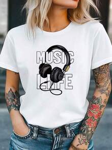 Nueva Camiseta de Moda para Mujer con Cuello Redondo, Estampado Retro de Auriculares con la Frase Laúsica la Vida, Diseño MUSIC LIFE, Talla, Cuello Redondo, Primavera-Verano, Camiseta Casual Cómoda de Manga Corta para Mujer. Ropa Elegante y Suave para la Curación de la Mujer. Adecuado para conciertos, uso diario para entusiastas de los auriculares, desplazamientos diarios y como una opción destacada para amantes de laúsica. Relajado y Artístico, Manga Corta, Bestseller, Diseño versátil listo para el verano. - Blanco - Ver 2