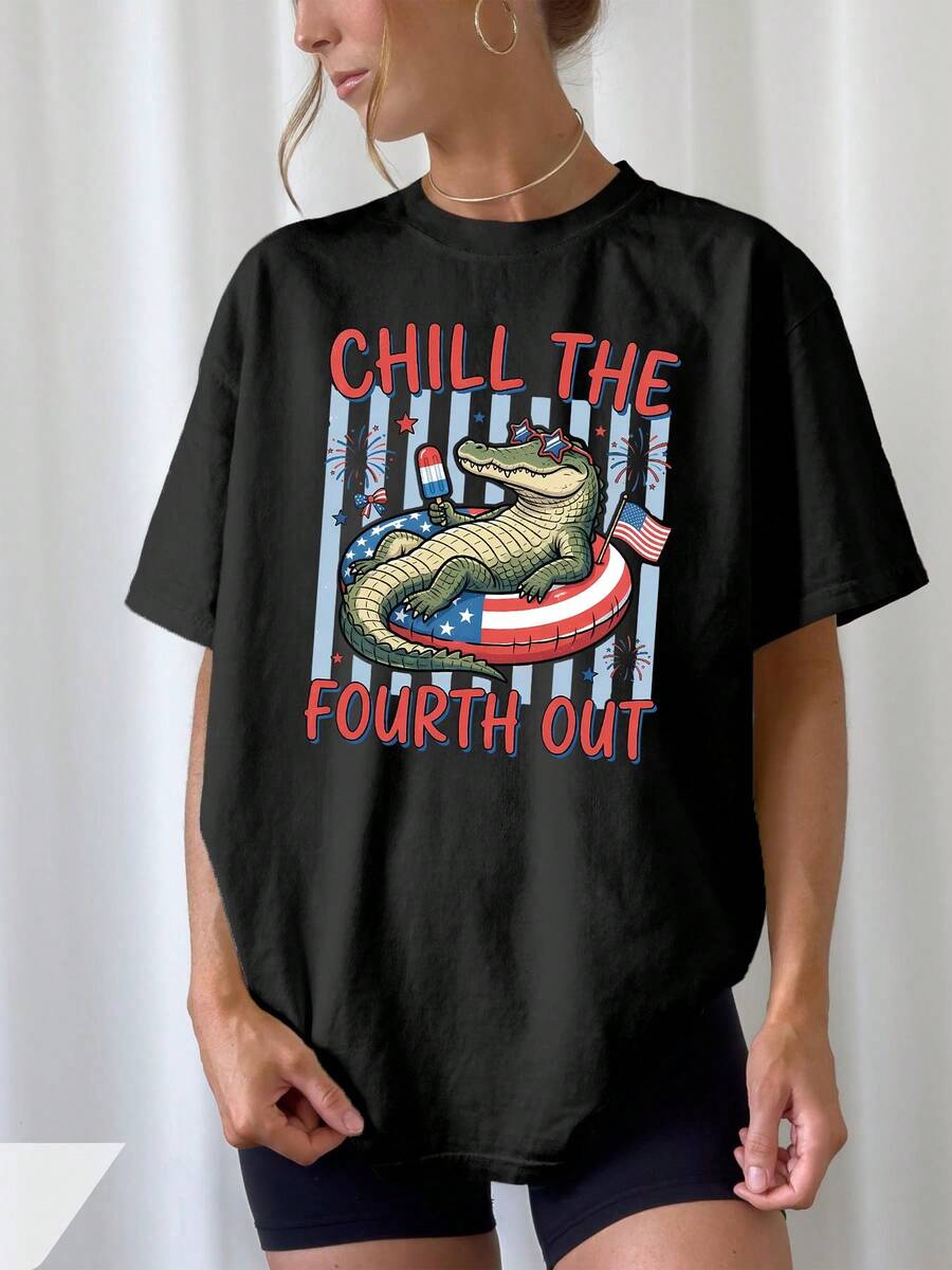 Camiseta Casual de Verano con Estampado de la Bandera Americana - Camiseta casual de manga corta con cuello redondo, con estampado de bandera, lavable a máquina, adecuada para el Día de la Independencia, ideal para usar durante todo el año, un imprescindible para tu guardarropa de primavera/verano (no es una camiseta básica). - Negro - Ver 1